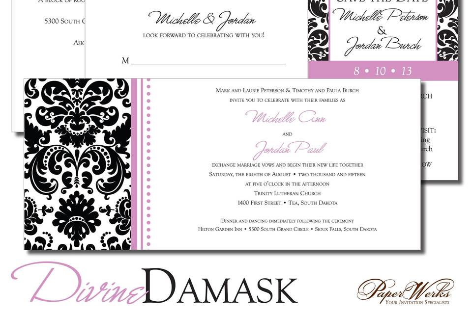 Wedding colors pop when paired with an elegant damask pattern on this wedding invitation set.