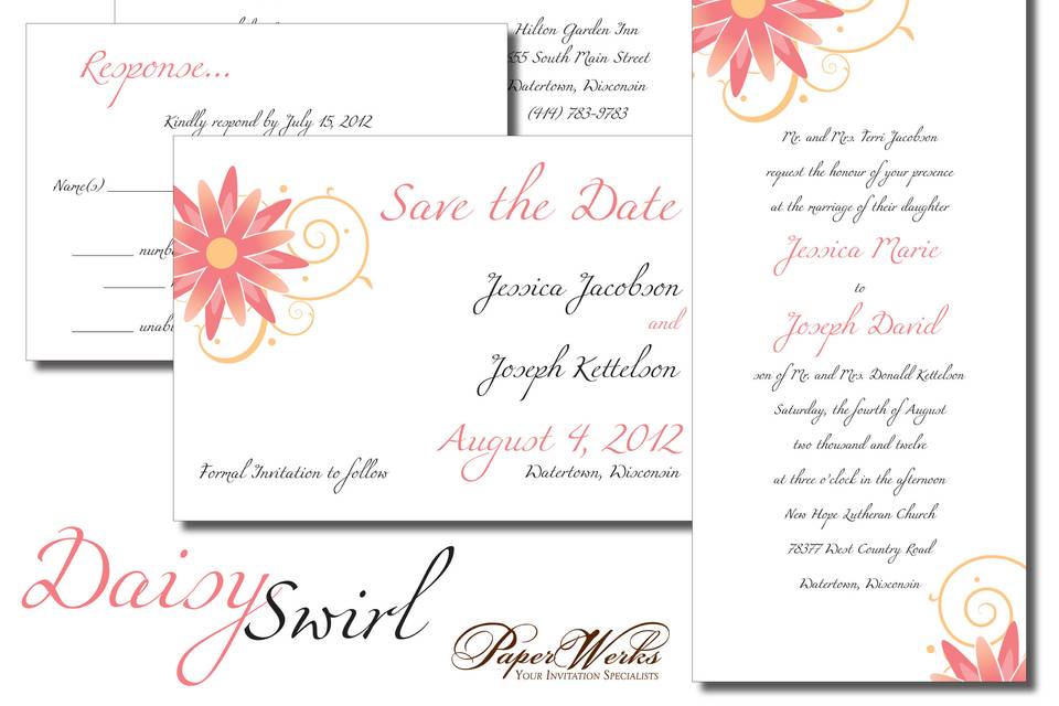 Wedding colors pop when paired with an elegant damask pattern on this wedding invitation set.