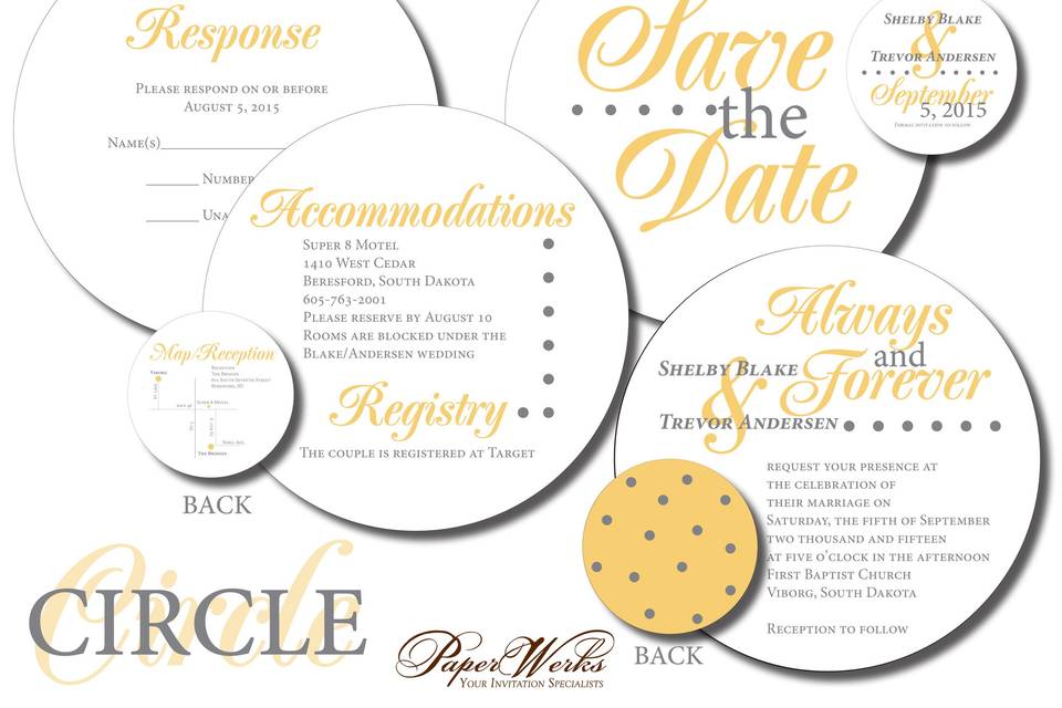 Polka dots create a light detail for this unique circle-style invitation. Include your wedding colors on both the front and back of this invitation's coordinating pieces.