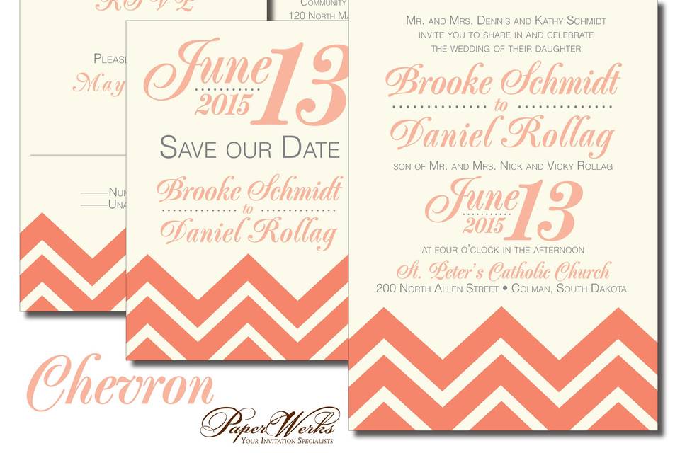 Showcase your wedding colors through this modern chevron stripe invitation.