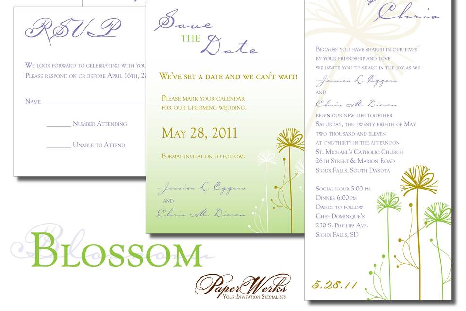 Delicate flower outlines and a light color palette create a unique balance for this wedding invitation.