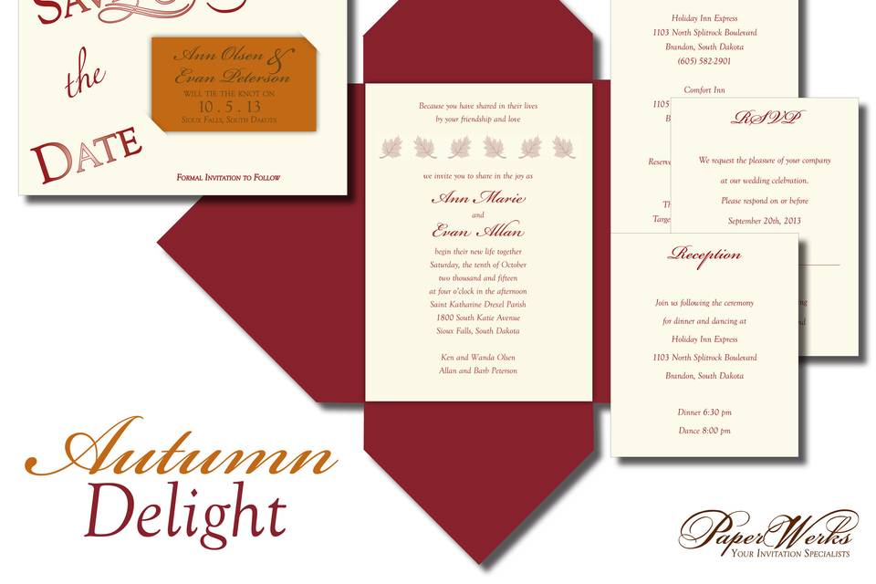 A combination of warm autumn hues and leaves create the perfect fall wedding invitation.