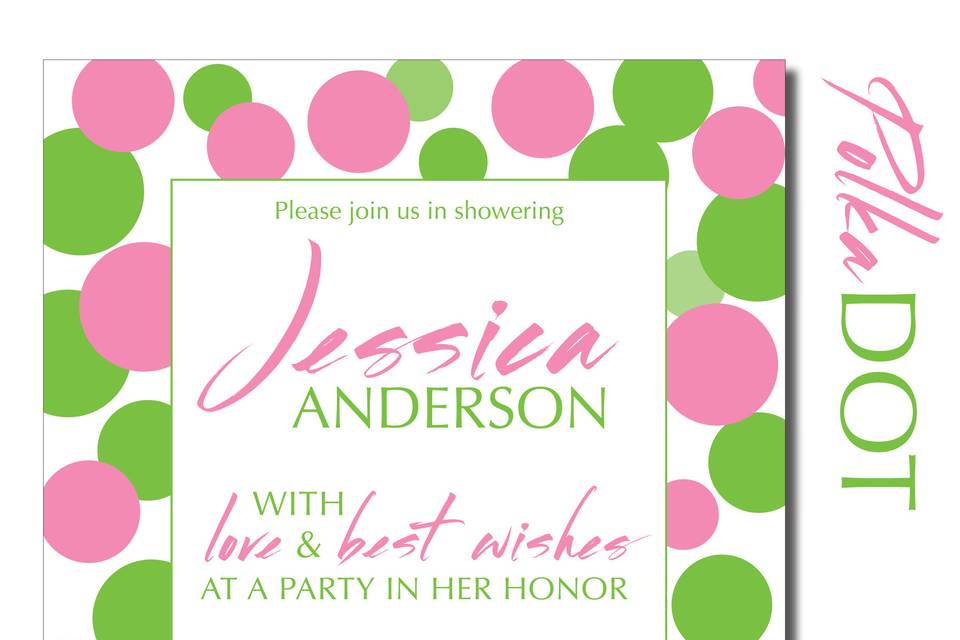 Perfect for a informal bridal shower, the polka dot invitation can be customized with the bride's favorite colors!