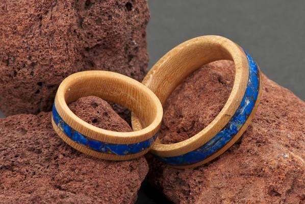 Cherry Wood Wedding Ring Set with Lapis Lazuli Crushed Stone Inlay