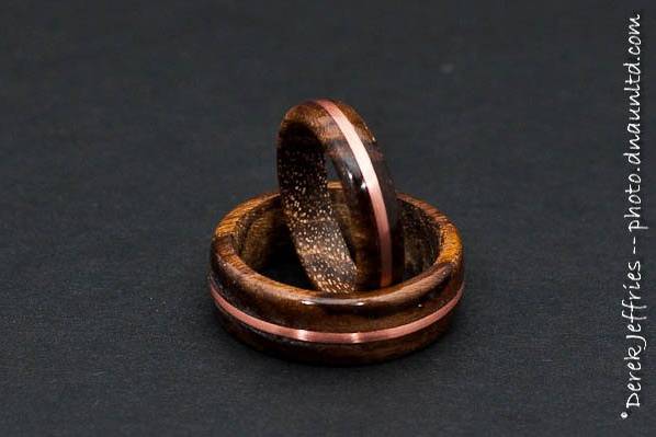 Teak Wood Wedding Ring Set with Copper Wire Inlay