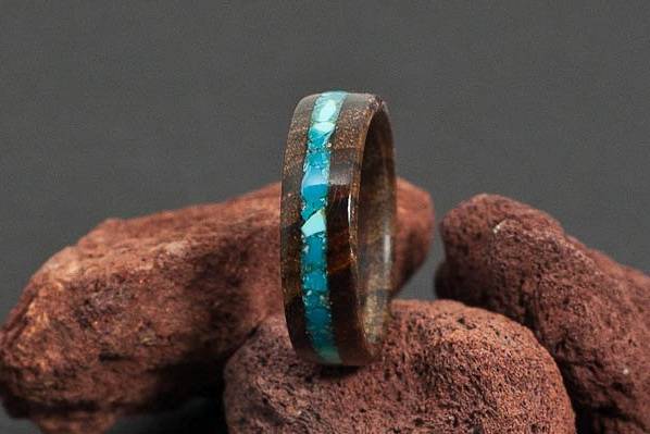 Teak Wood Ring with Turquoise Inlay