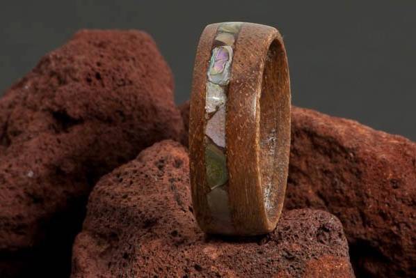 Mahogany Wood Ring with Abalone Shell Inlay