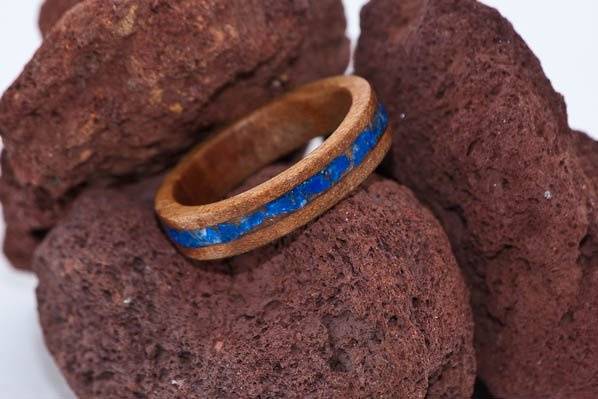 Lacewood Wood Ring with Lapis Lazuli Crushed Stone Inlay