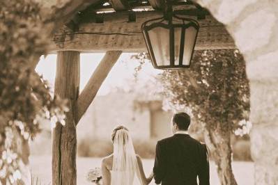 Bride & Groom strolling outside after their wedding