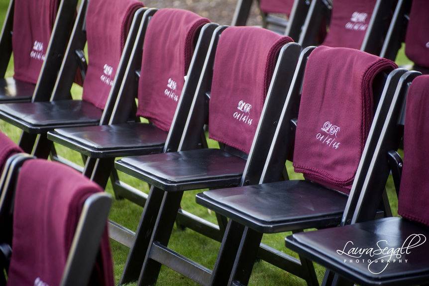 Personalized blankets for this sunset wedding ceremony