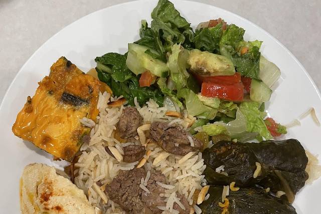 Rice, grape leaf, hummus, ,
