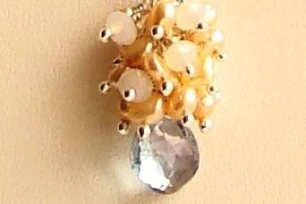 Blue Quartz Briolette and White Crystal Rondelles, Rose Brown and Peach Keshi Pearl Cluster Silver Necklace