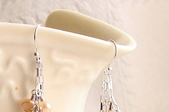Keshi Peach Pearl Wire Wrapped Cluster with Box Link Chain Sterling Silver Earrings