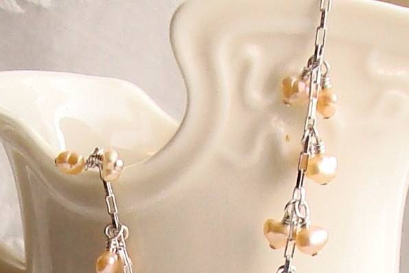 Keshi Peach Pearl Wire Wrapped Cluster Necklace with Box Link Chain Sterling Silver Necklace