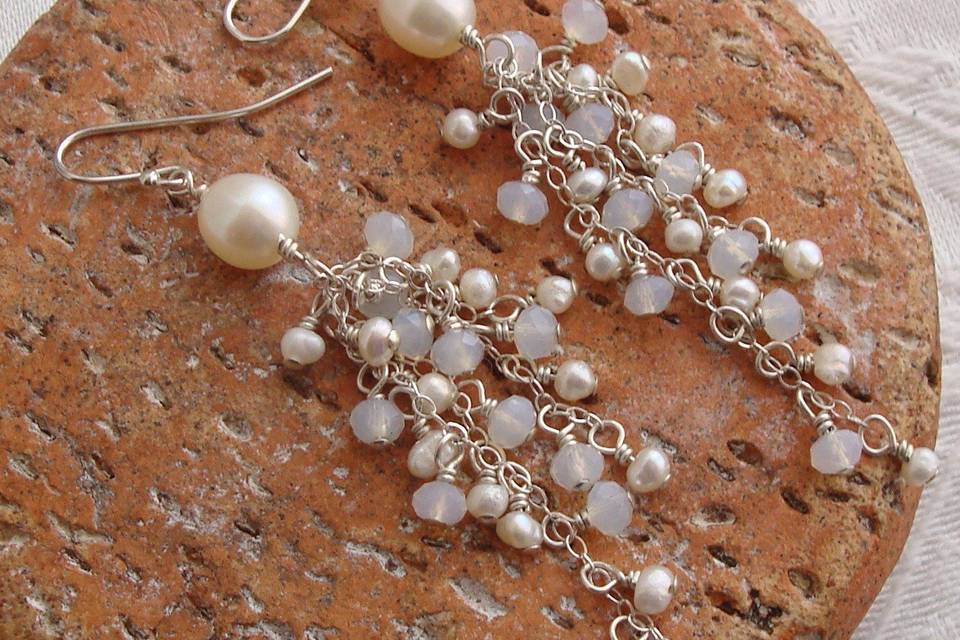 Wire Wrapped White Fresh Water Pearl with Dangle of White Fresh Water Pearl and Crystal Rondelle Cluster Silver Earrings