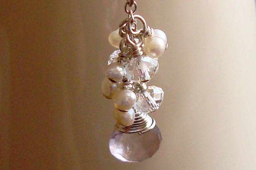 Wire Wrapped Pink Amethyst Briolette Dangle with White Pearl and Crystal Rondelle Cluster Sterling Silver Necklace