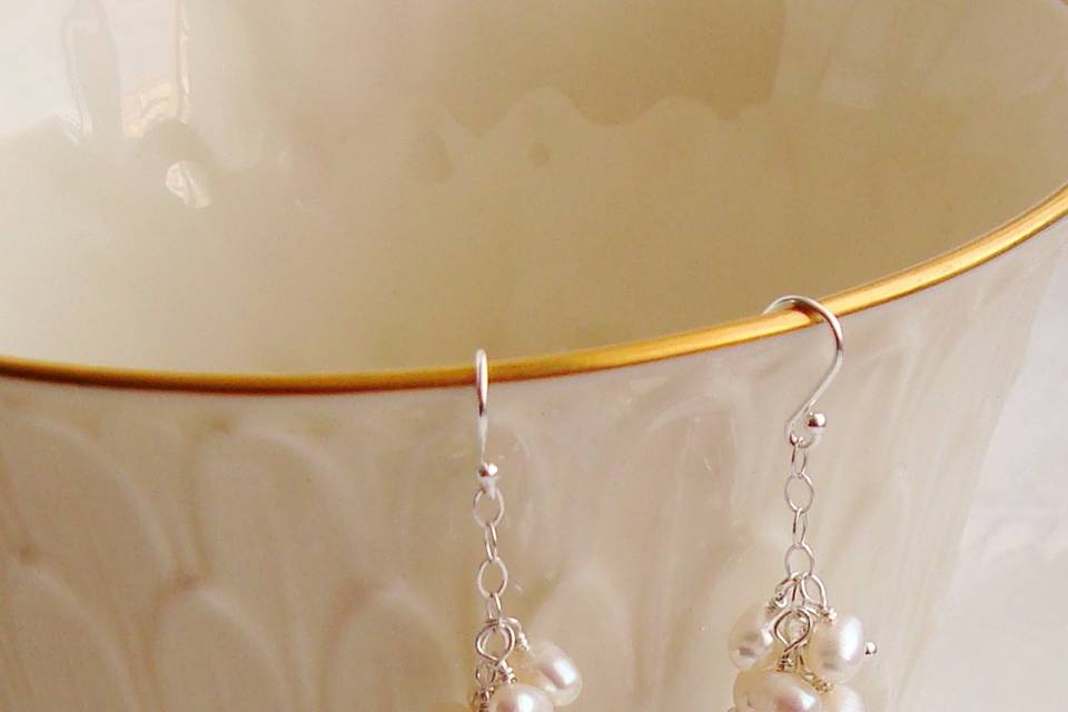 White Rice Fresh Water Pearl Wire Wrapped Cluster Sterling Silver Earrings
