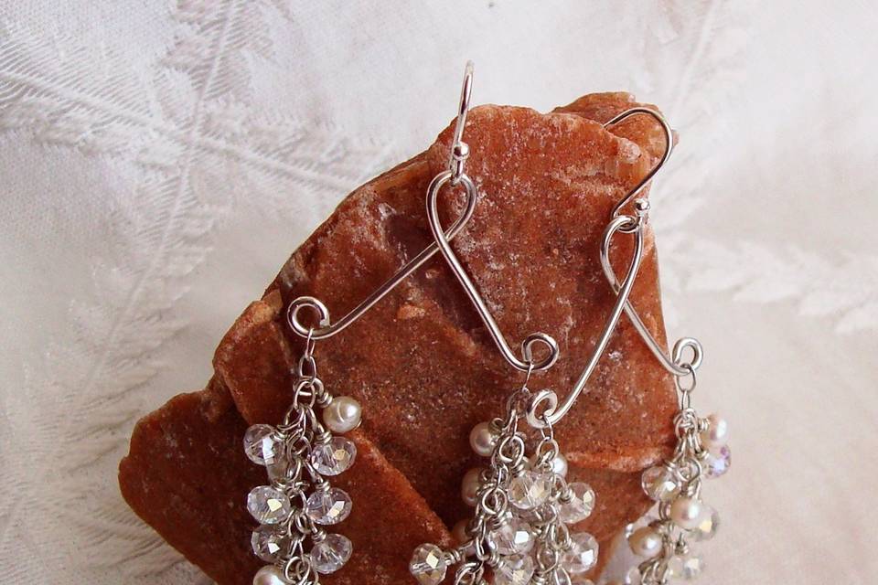 Wire Wrapped White Fresh Water Pearls and Sparkly Crystal Rondelles Chandelier Cluster Sterling Silver Earrings