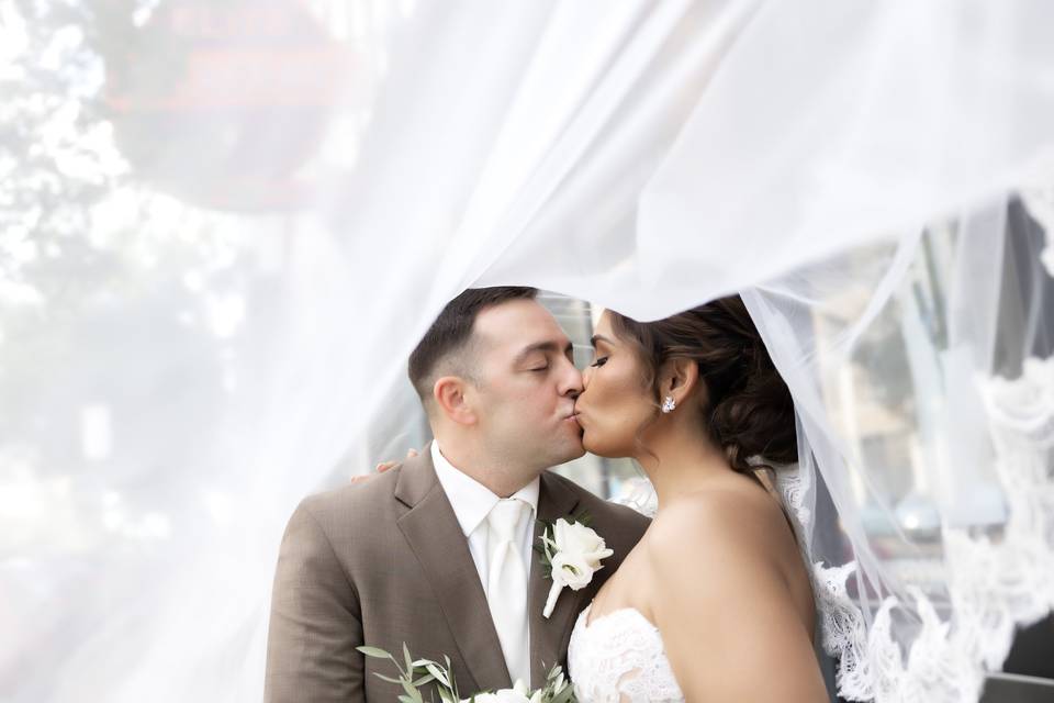 Bride and groom under veil