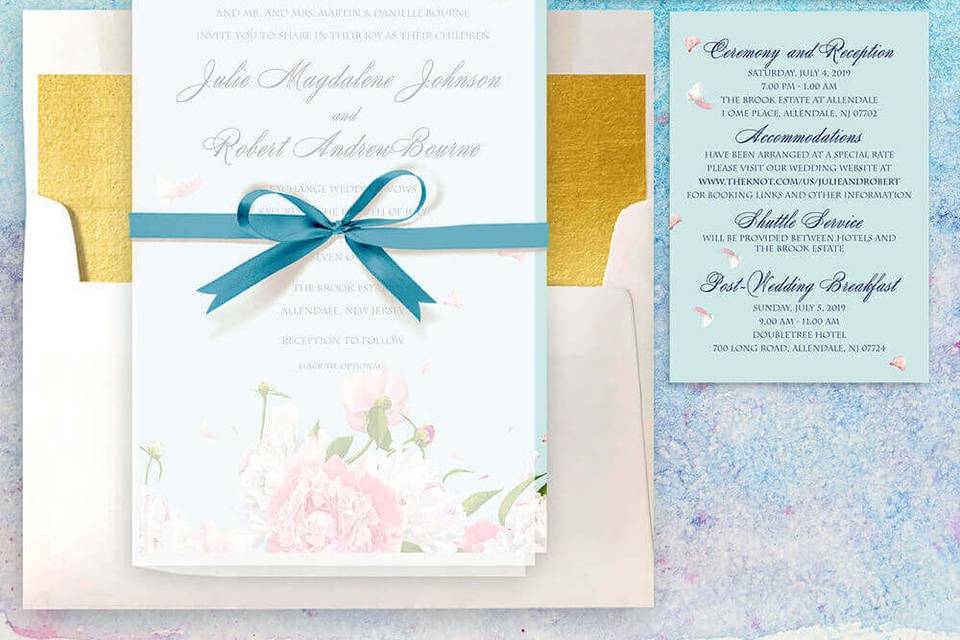 Peony suite in Blue with Vellum and Ribbon