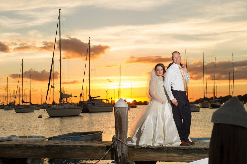 Sunset portrait of bride and groom