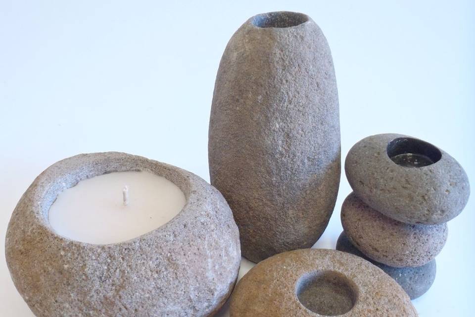 River Stone Candles / Holders (Lg Stock)