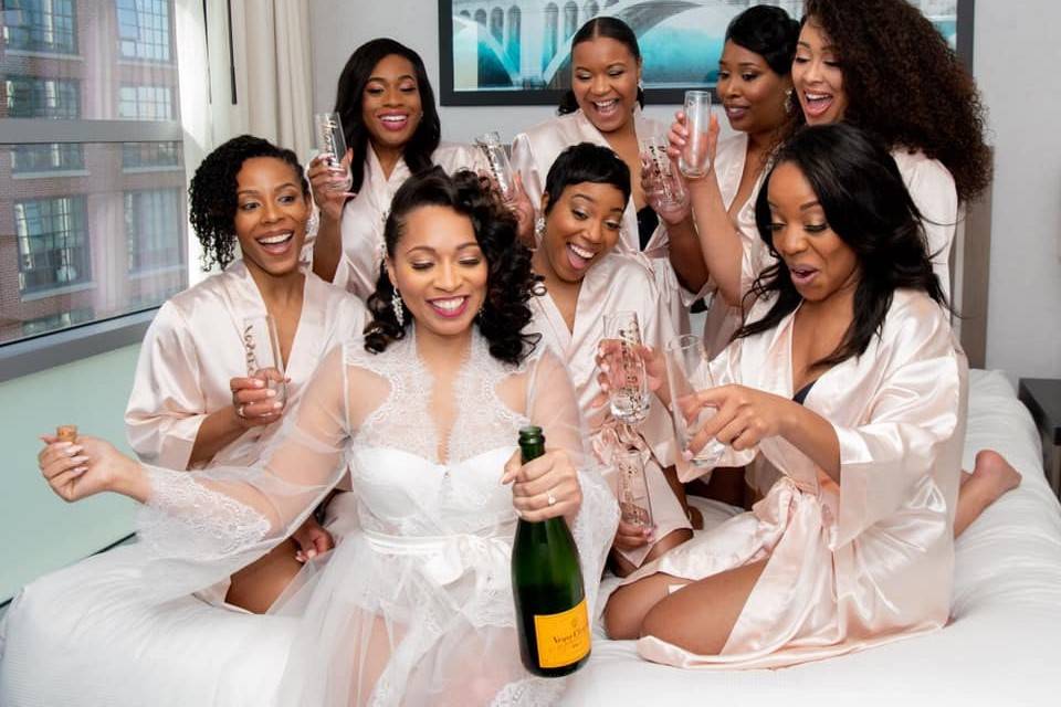 Mimosa time with  bridesmaids