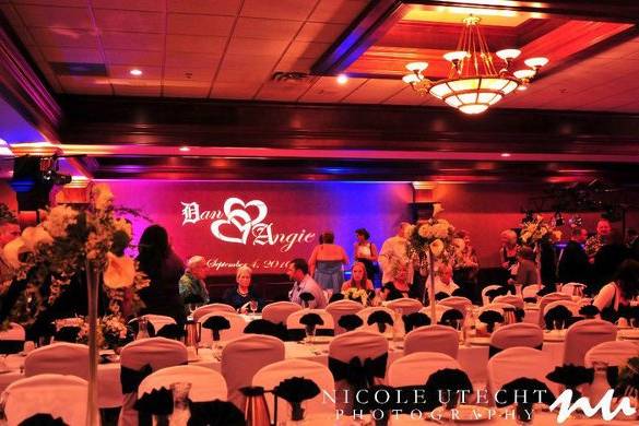 Up lighting, and custom monogram at Rock Gardens in Green Bay, WI