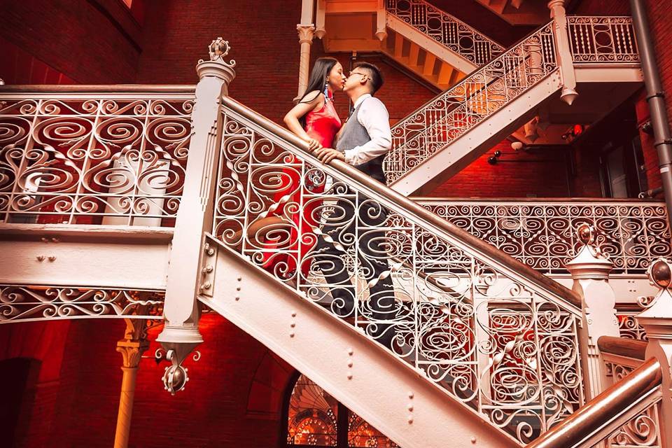 A staircase kiss