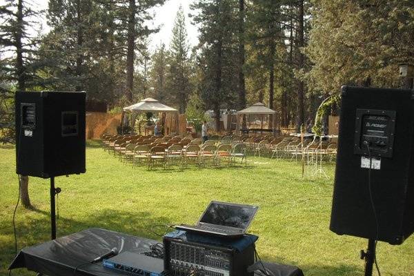 Basic outdoor setup for just a wedding reception. Second sound system can be available to amplify officiant as well as bride and groom. Mike Flanagan is ordained to marry just in case of emergency.