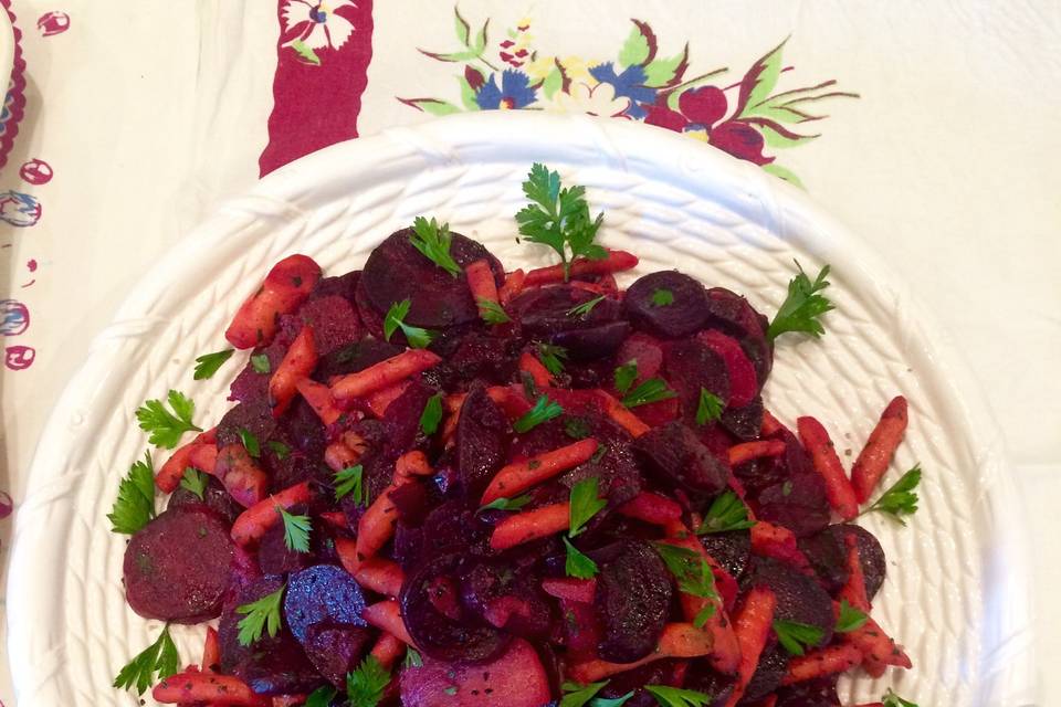 Beets and Carrots roasted and tossed in parsley and olive oil