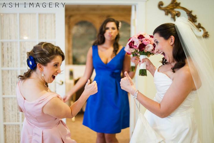 Bride having fun with bridesmaids