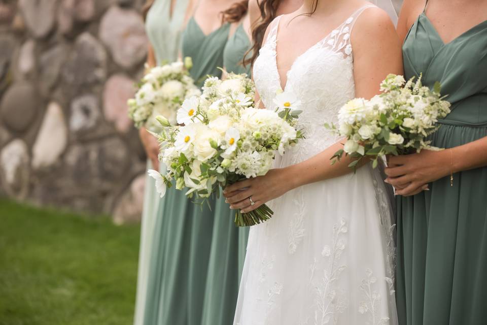 Sage and white bouquets