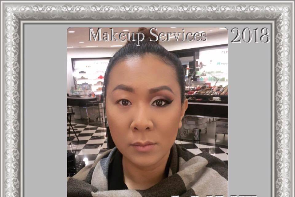 Makeup application with side by side comparison of eye contouring makeup performed on client.