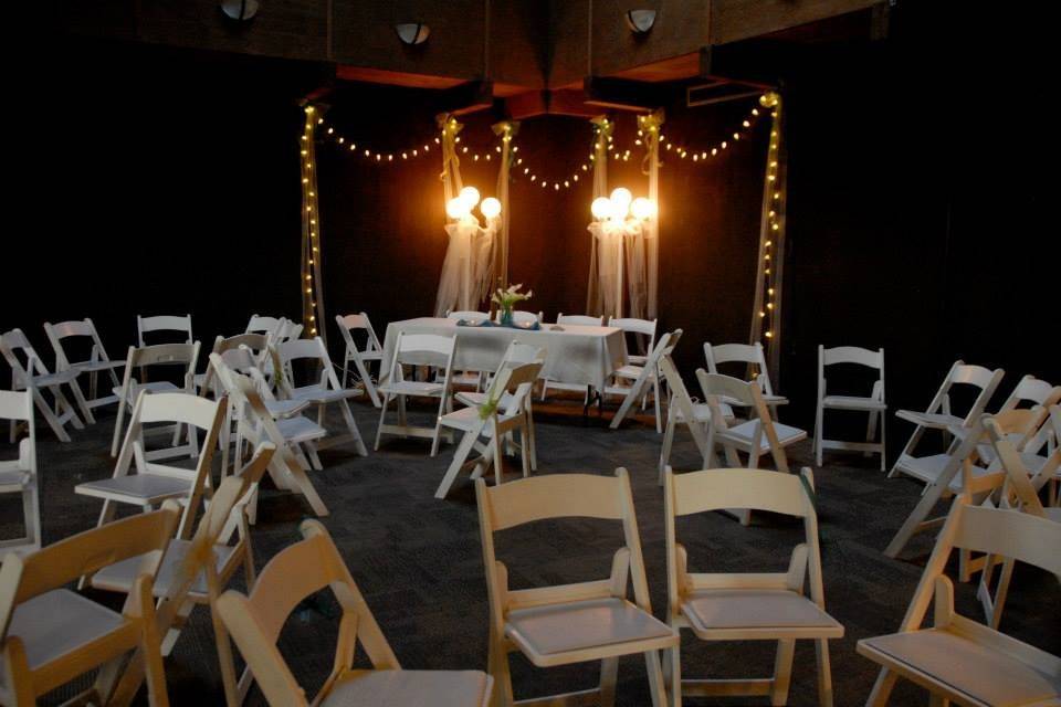 Chairs and string lights ready for guests