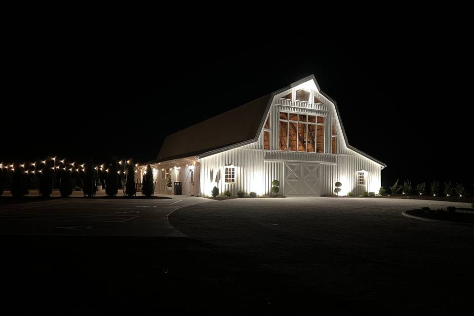 Front of barn at night
