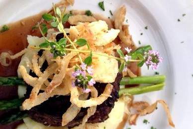 Beef Tenderloin on Yukon Mashers with Asparagus and Fried Onions
