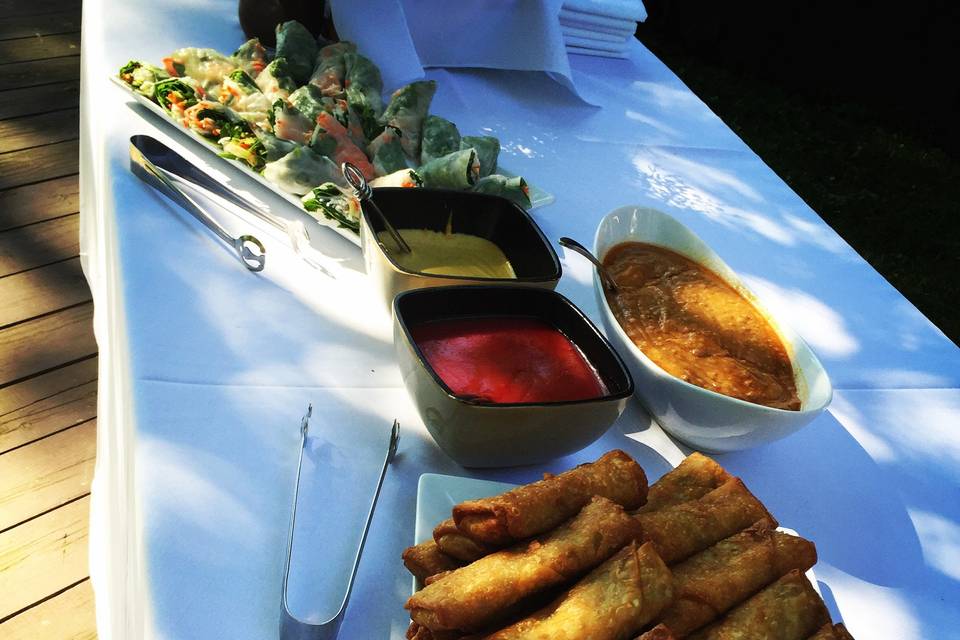 Egg Rolls and Fresh Spring Rolls with Thai Peanut Sauce and Sweet Chili Sauce