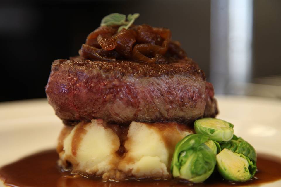 Beef Tenderloin on Yukon Mashers with Caramelized Onions and Brussel Sprouts