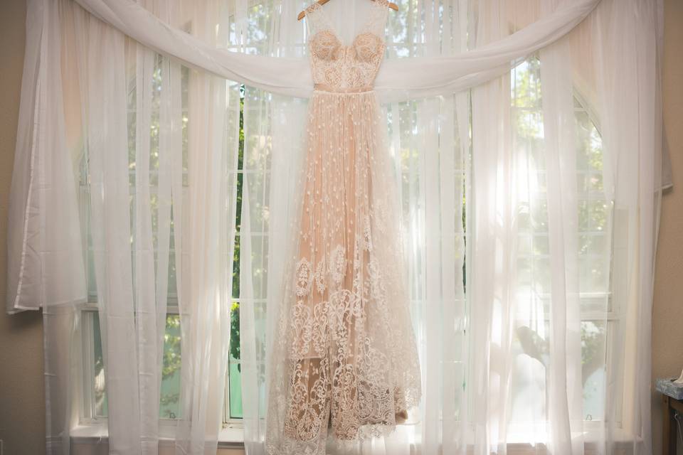 Gorgeous wedding dress hanging