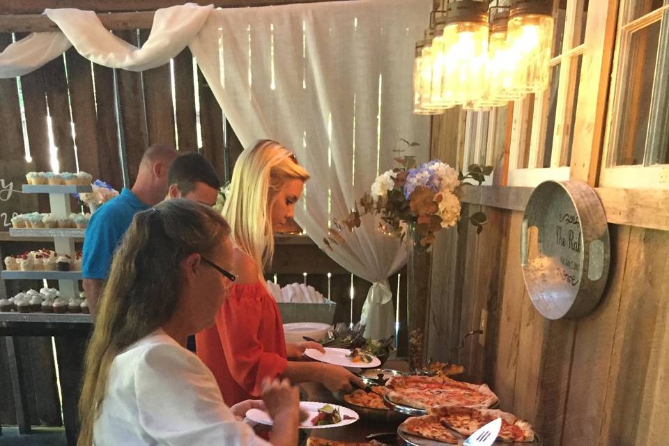 Pizza buffet at barn wedding