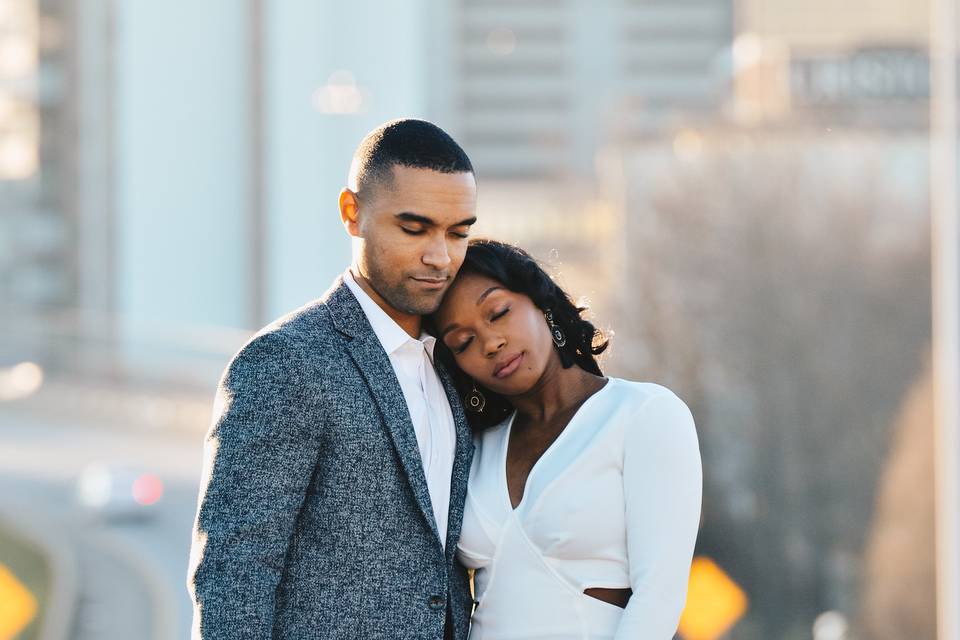 Posing with the city skyline