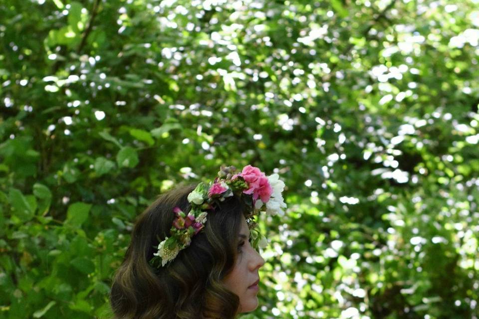 Hair, makeup, and floral crown