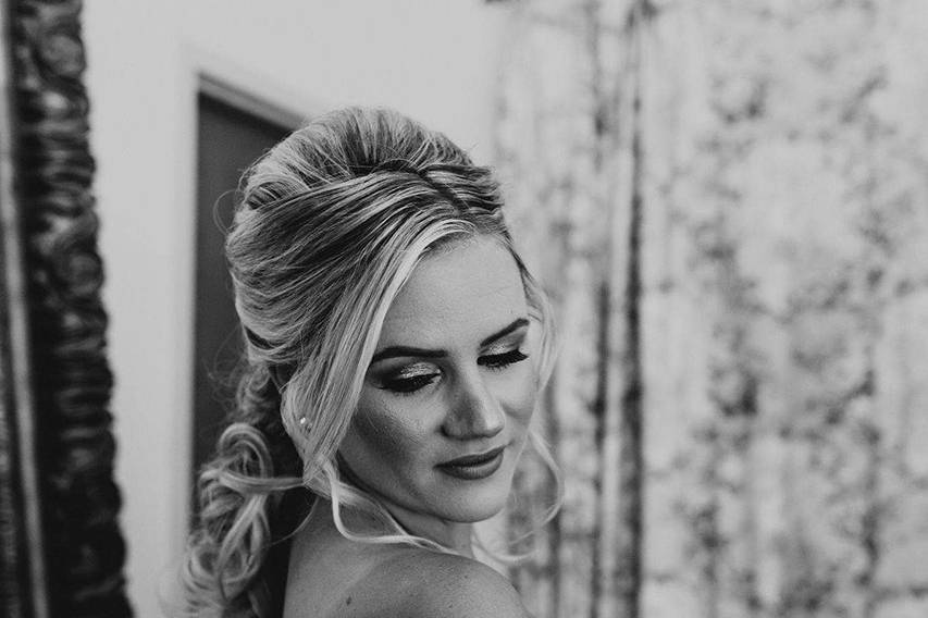 Sophisticated bridal hair and.