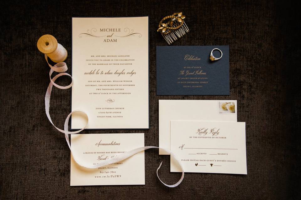 Classic Navy and Gold invitation. Modern yet traditional.