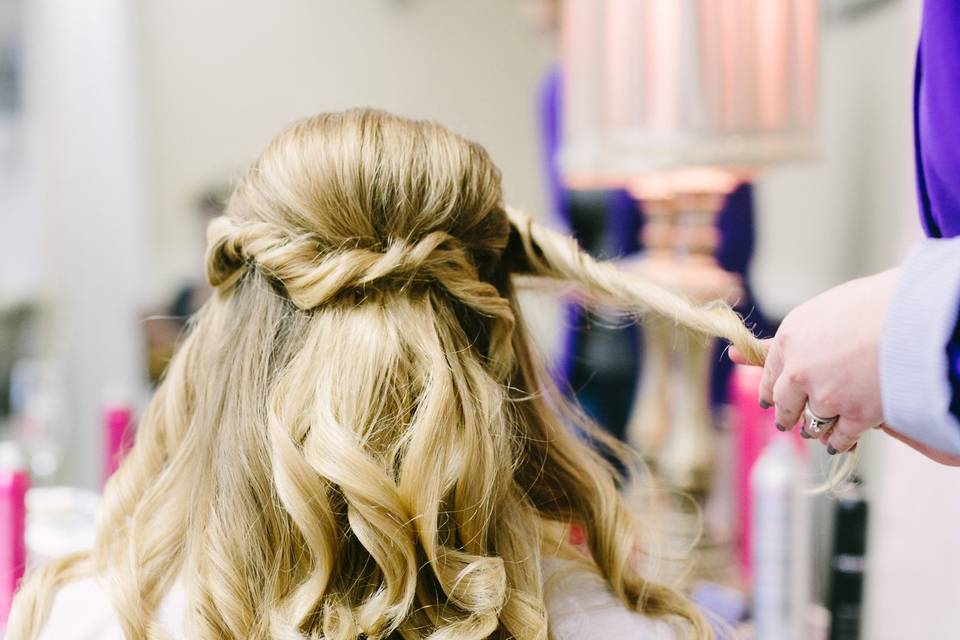 Bride's hair being curled