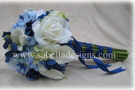 Real Touch calla lilies and roses with blue/green hydrangea.