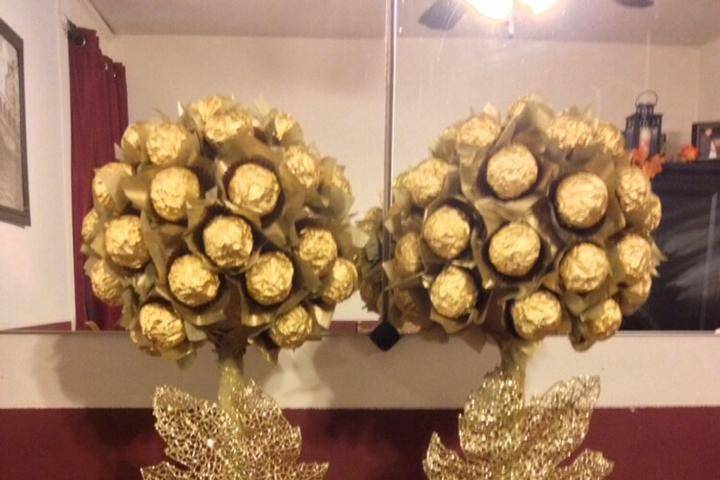 Ferrero Rocher topiaries. Perfect as a pair or a bunch. Can be displayed on a dessert or sweets table.