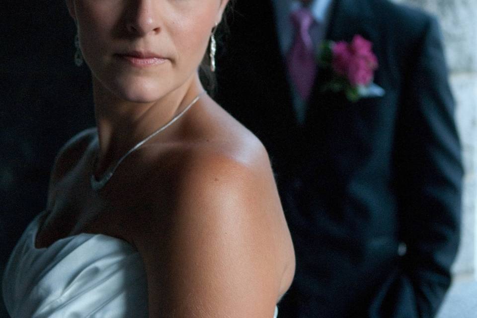 Rembrandt lighting portrait of bride at Searles Castle turret. ©2018 Fort Point Media LLC, All Rights Reserved.