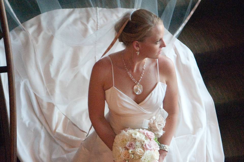 Bride portrait on stairs at Hyatt Regency Boston Harbor wedding. ©2018 Fort Point Media LLC, All Rights Reserved.